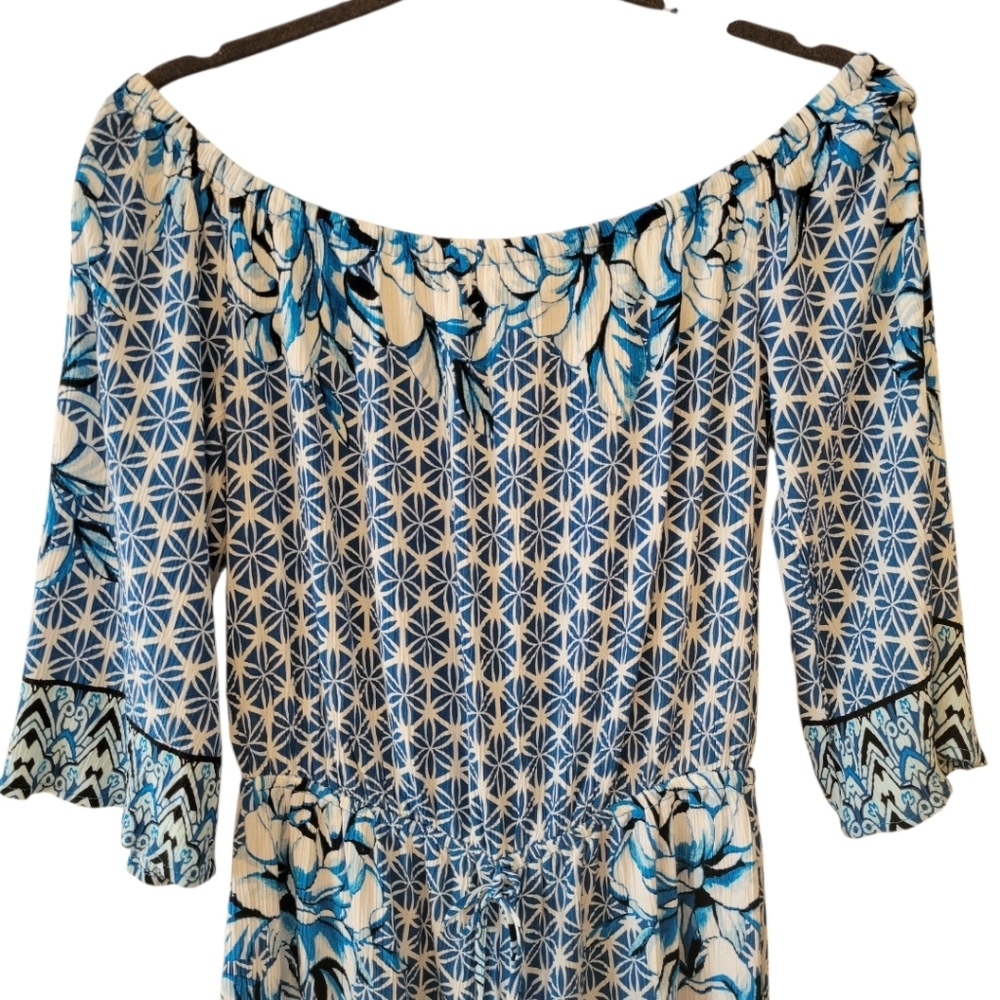 WHBM Blue Batik‎ Print 3/4 Sleeve Romper Size Small - Picture 3 of 5